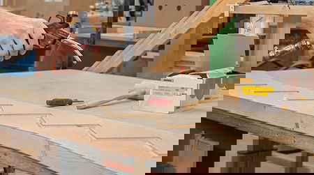 Cleaning sawdust with an air blow gun during the manufacture of a wooden staircase.