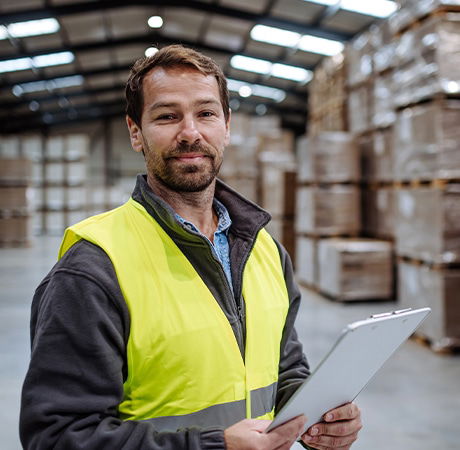 Man in high-visibility clothing in a factory smiling at the camera.